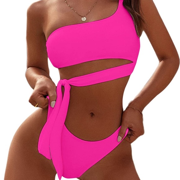 NBW. NWT. Small. Hot Pink bikini. One shoulder. Tie. Thong, High Cut, Cheeky. - Picture 2 of 7